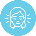 A white line art icon of a calm face with radiating lines, inside a light blue circle.