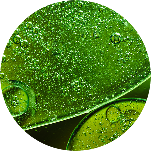 A circular, close-up image of a green, bubbly liquid.
