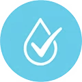 A light blue circular icon with a white outline of a water droplet containing a white checkmark.