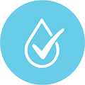 A light blue circle with a white icon of a water drop containing a checkmark.