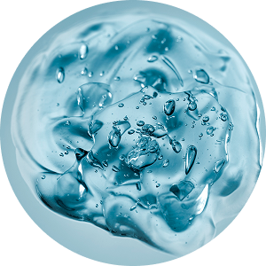A close-up, circular view of a clear, blue-tinted gel with air bubbles.