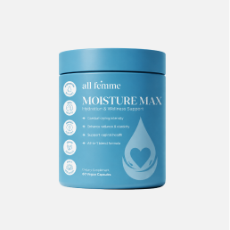 A light blue bottle of all femme Moisture Max supplements against a plain light gray background.