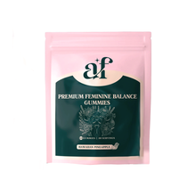 Pink package labeled 'Premium Feminine Balance Gummies' with floral design.