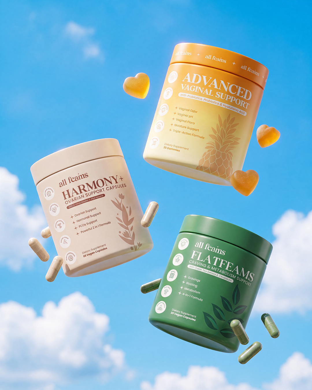 Three bottles of 'all feams' brand supplements floating against a blue sky with their corresponding capsules and gummies.