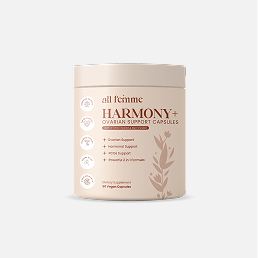 A beige bottle of all femme Harmony+ Ovarian Support Capsules against a light gray background.