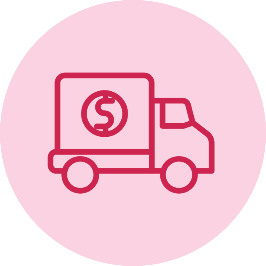 Red outline of a truck with a dollar sign on a pink circle background.