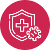 Icon of a shield with a cross and a virus symbol on a red background.