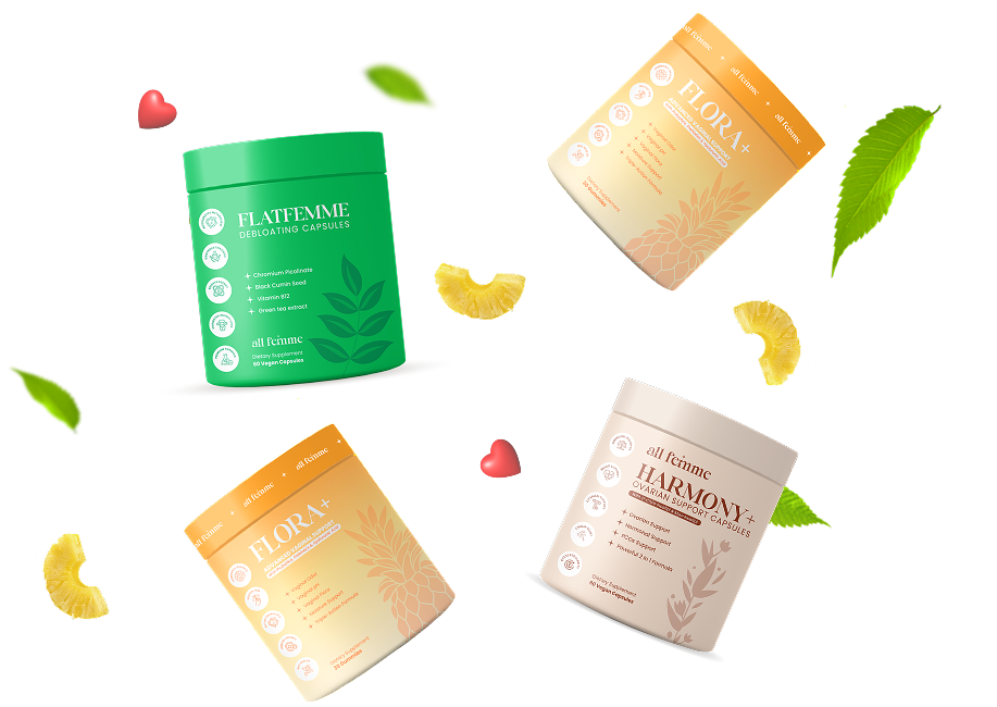 Four supplement containers with leaves, pineapple slices, and heart shapes on a white background.