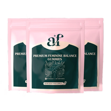 Three pink packages labeled 'Premium Feminine Balance Gummies' with a floral design.