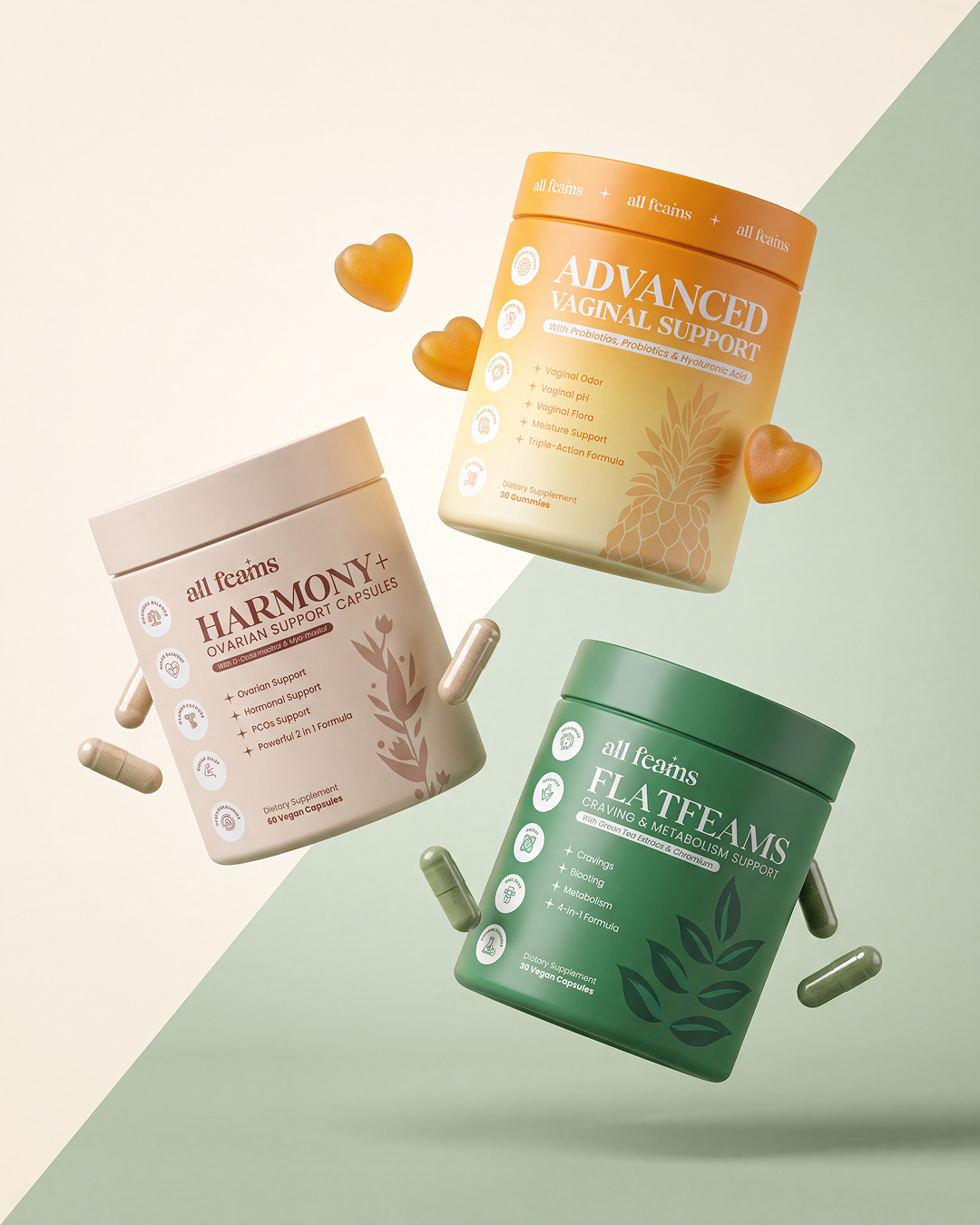 Three bottles of 'all feams' dietary supplements with their respective capsules and gummies floating around them.