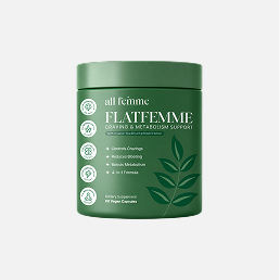 A green bottle of all femme FLATFEMME dietary supplement against a light grey background.