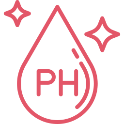 Red outline of a water droplet with 'pH' inside and sparkles around.