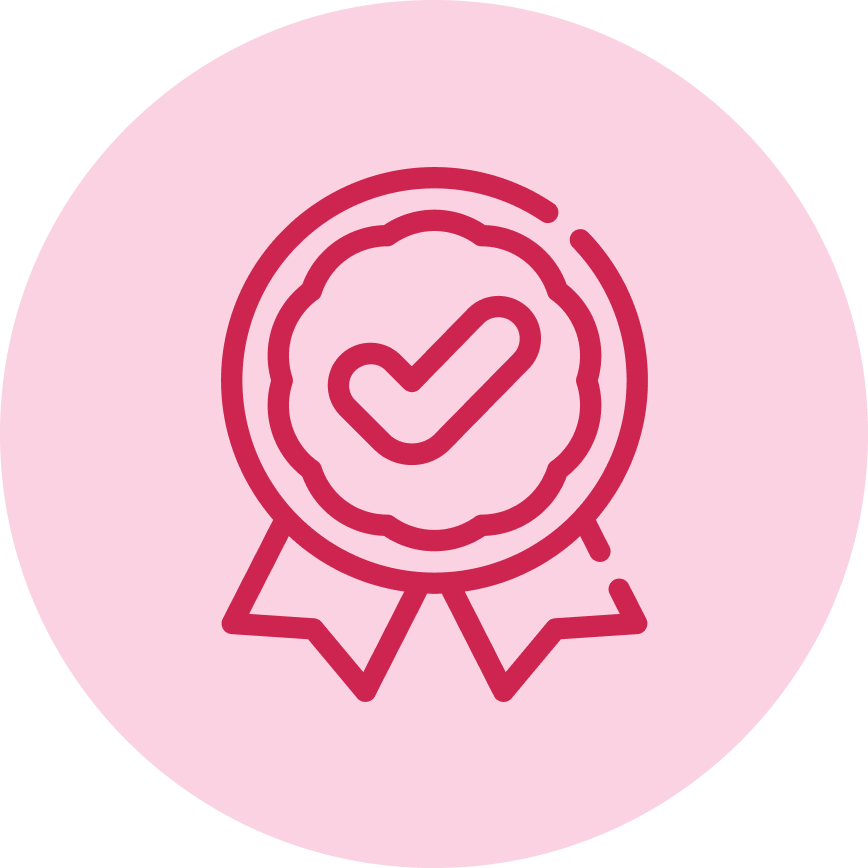 Red checkmark badge icon on a pink circle background.