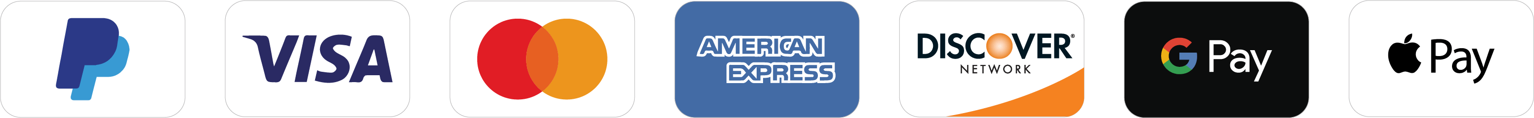 Logos of PayPal, Visa, Mastercard, American Express, Discover, Google Pay, and Apple Pay.