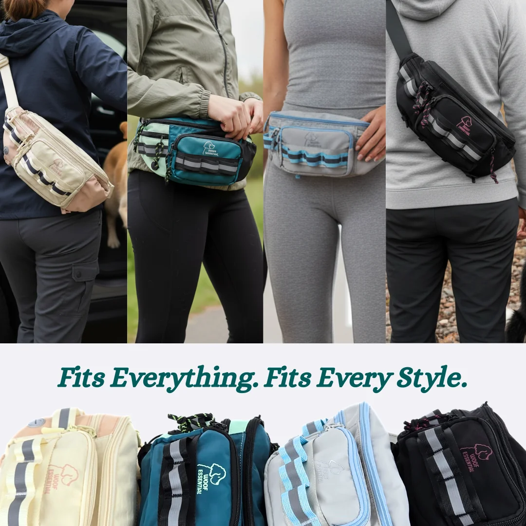 Four people wearing different colored waist bags, standing side by side.