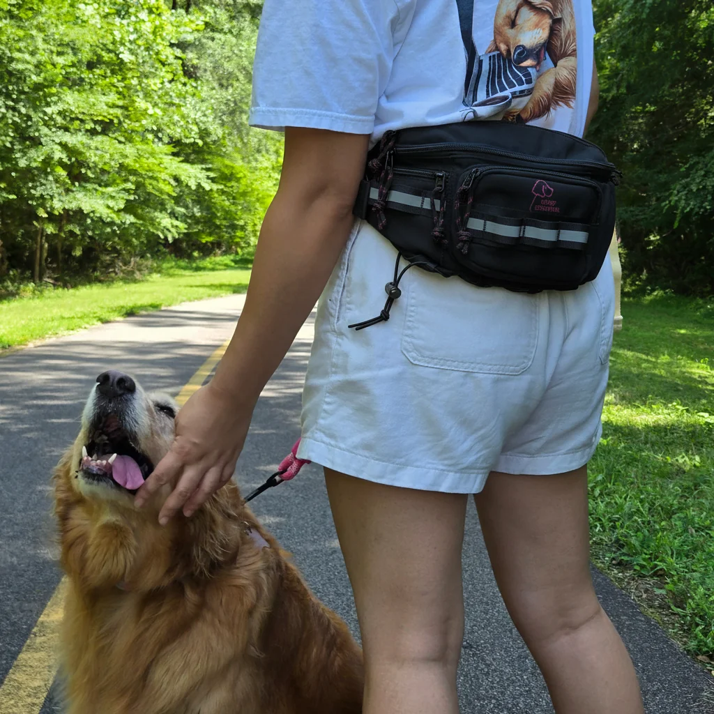 Person in white shorts petting a golden retriever on a walking trail.