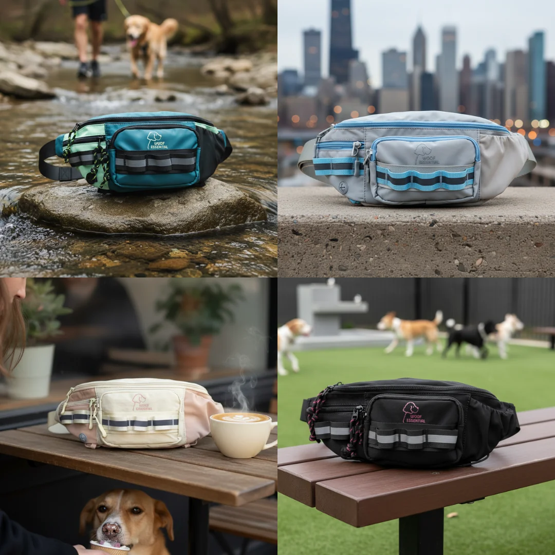 Four fanny packs in different settings: river, cityscape, cafe, and dog park.