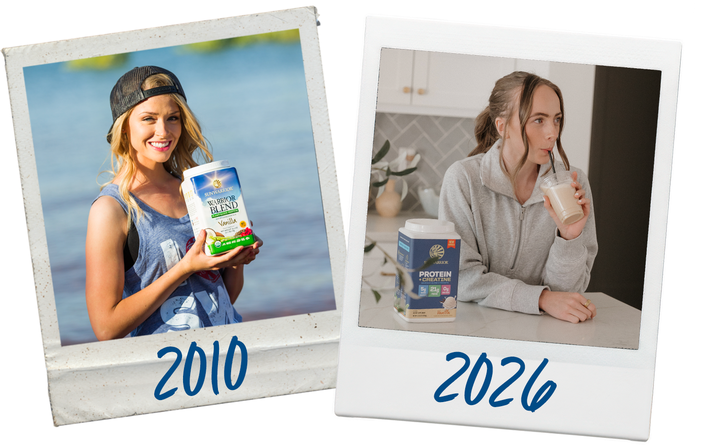 Two photos comparing women with Sunwarrior protein products, one from 2010 and one labeled 2026.