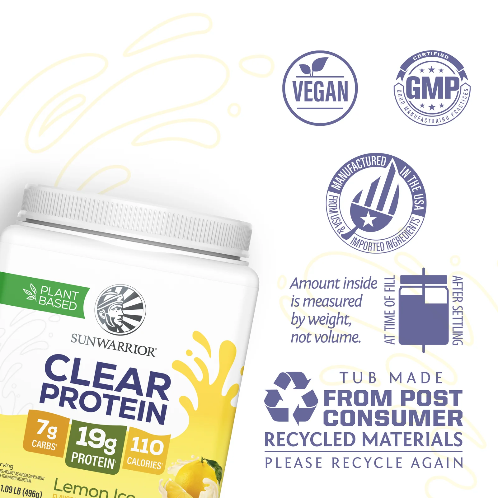 A tub of Sunwarrior Clear Protein with icons for vegan, GMP certified, USA made, and recycled packaging.