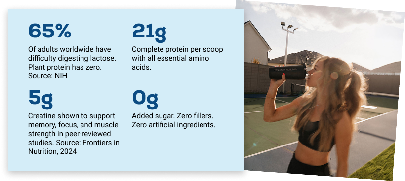 Nutritional information next to a woman drinking from a shaker bottle on a tennis court.