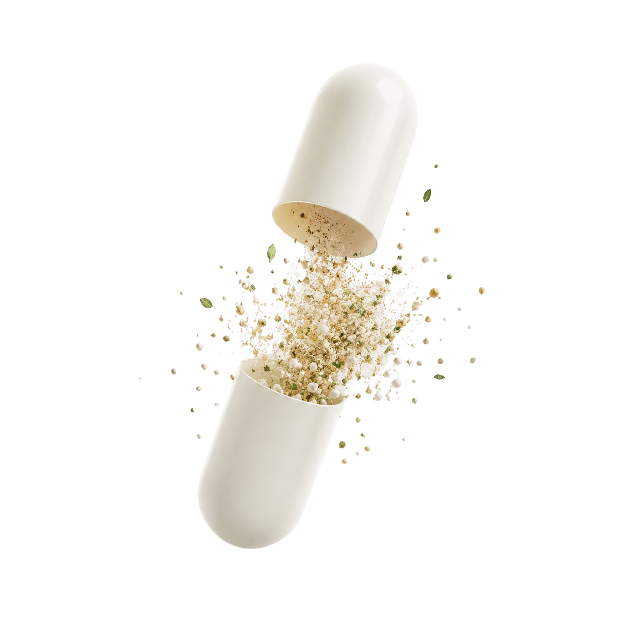 An open off-white capsule with its powdered herbal contents spilling out against a white background.
