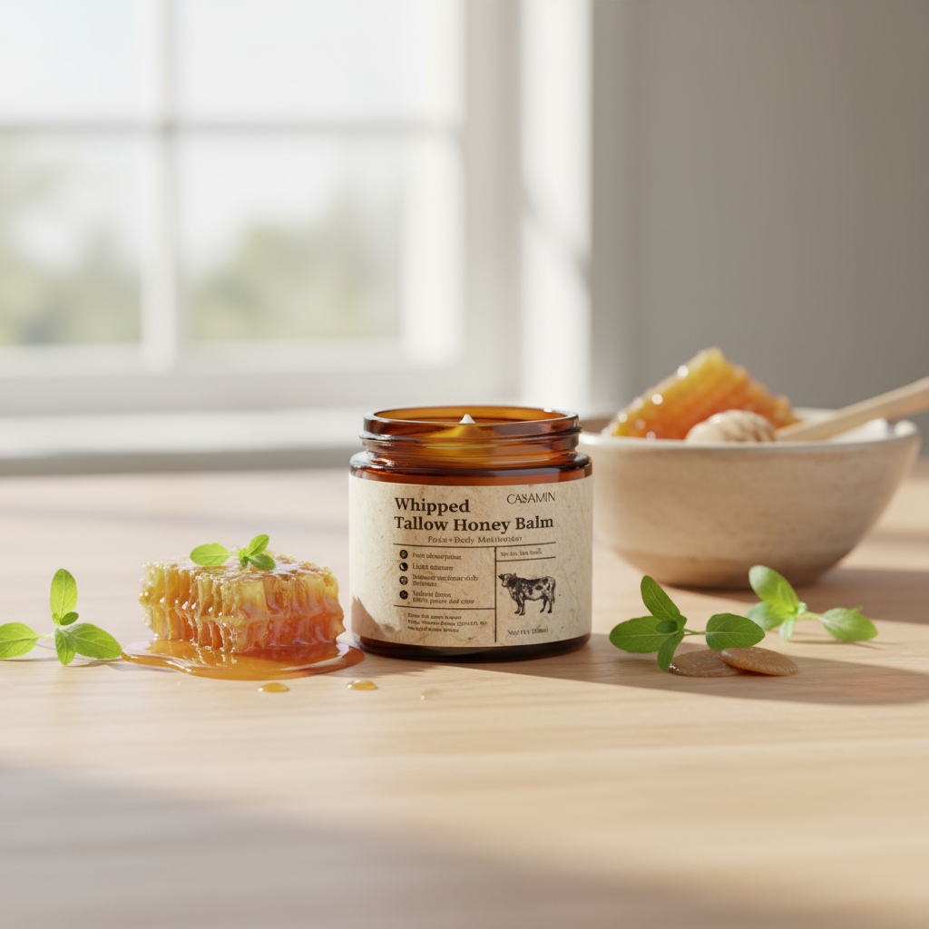 Jar of whipped tallow honey balm with honeycomb and leaves on a wooden surface.