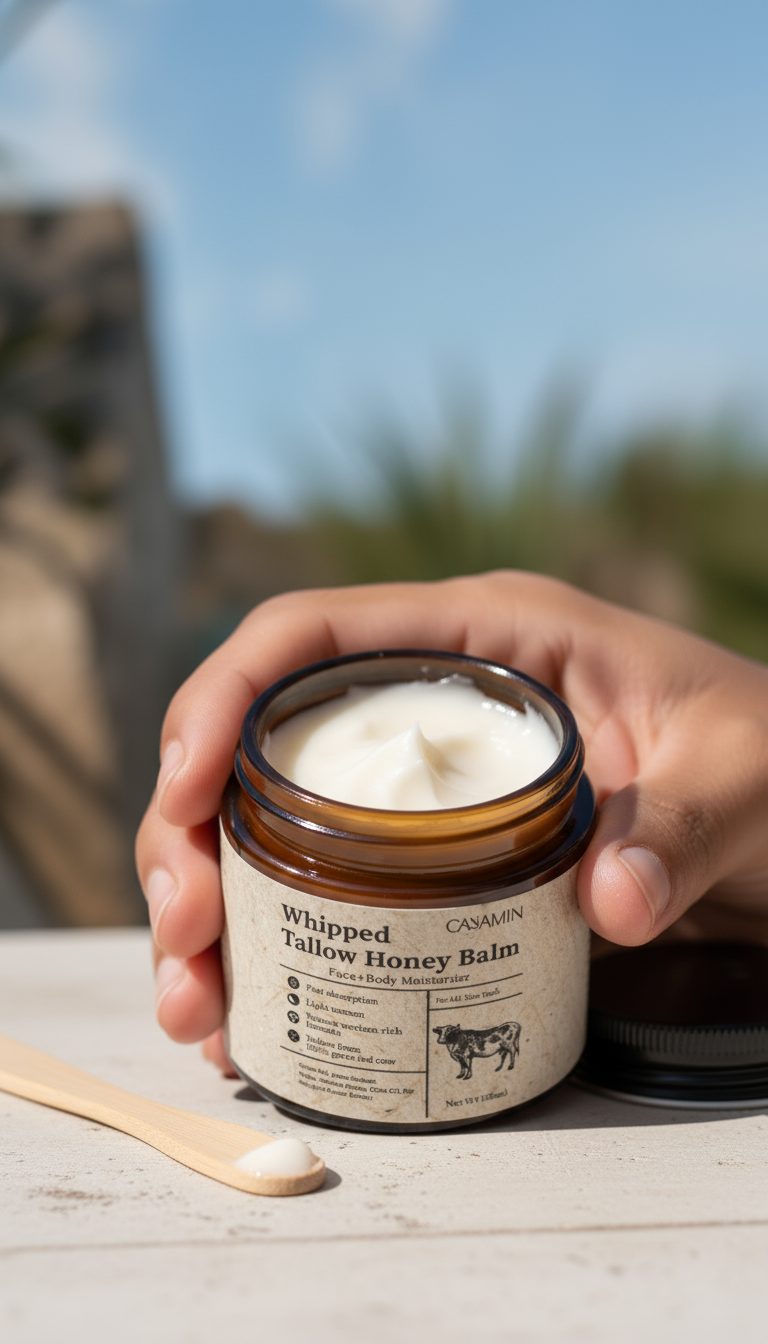 Hand holding a jar of Whipped Tallow Honey Balm cream.