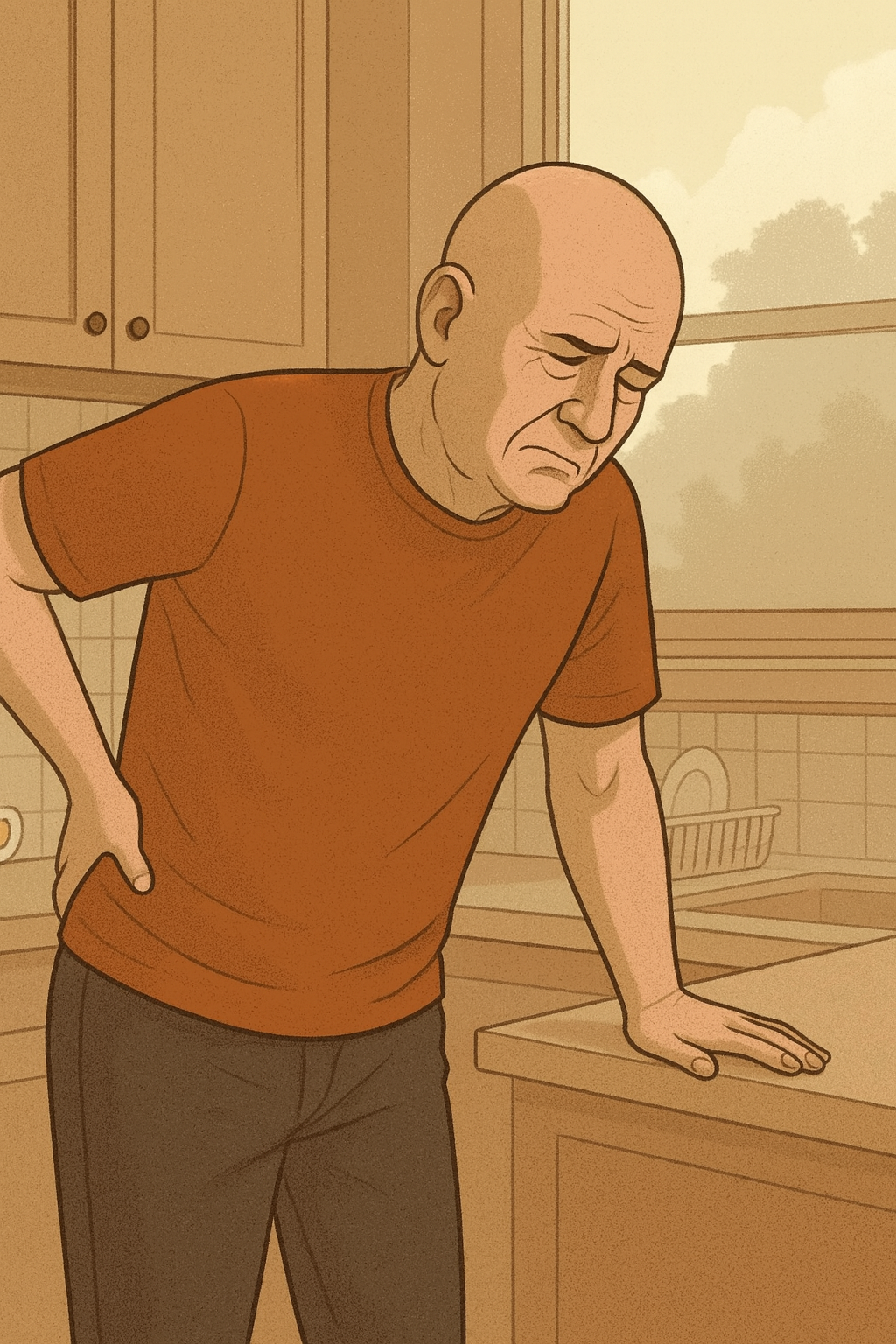 Illustration of a man holding his back, leaning on a kitchen counter.