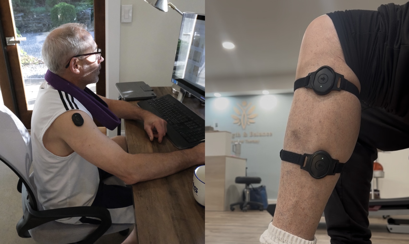 Two images showing sensor devices on a man's arm and leg.