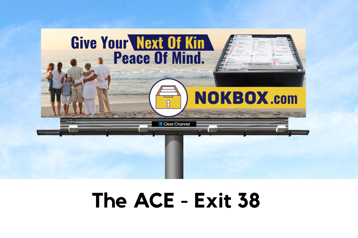 A mock-up of a billboard for NOKBOX.com located at 'The ACE - Exit 38'.