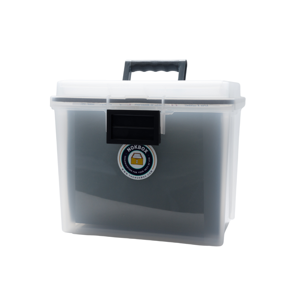 Transparent plastic storage box with a handle and a logo on the front.