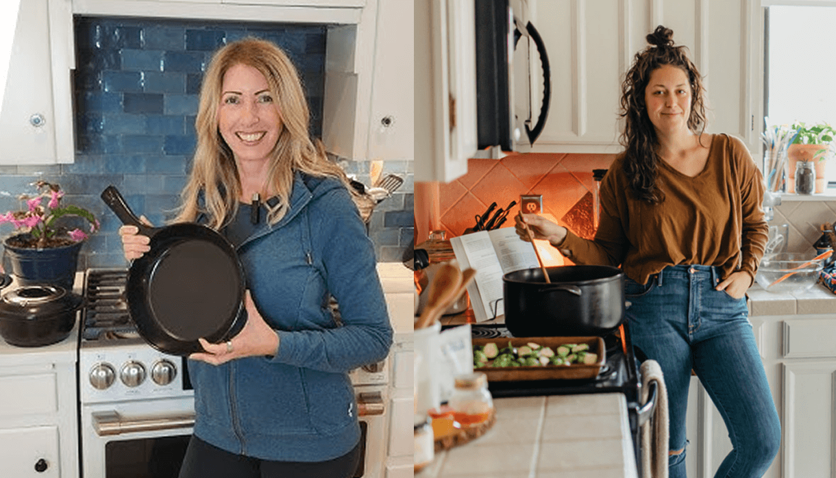 Two women in kitchens, one holding a pan, the other cooking on a stove.