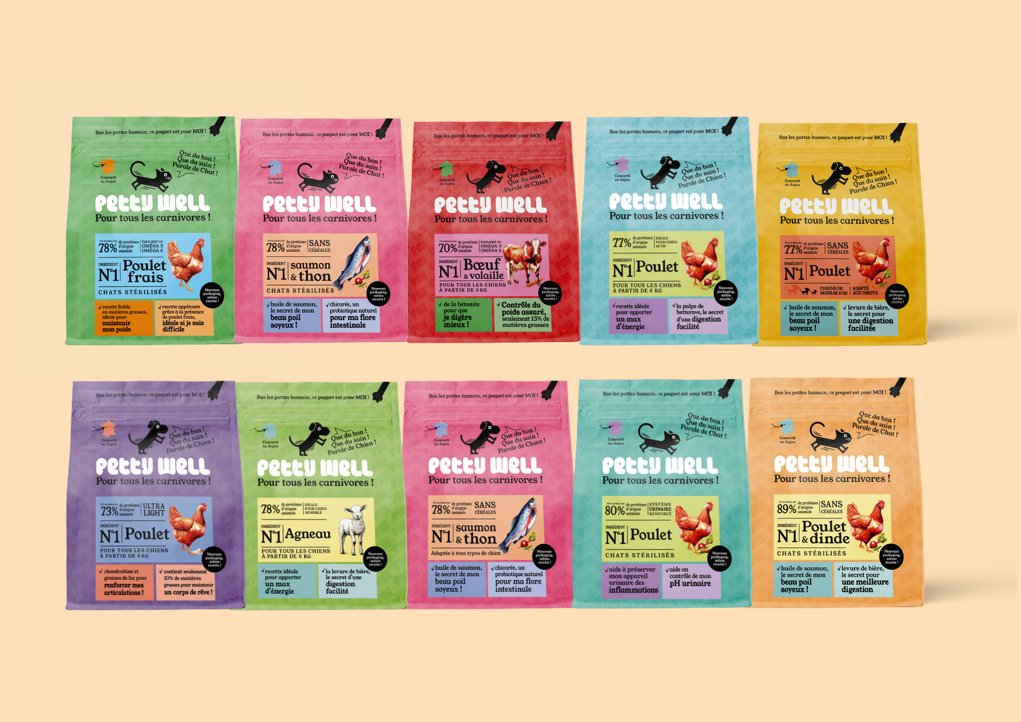 Ten colorful pet food packages with various flavors and labels.