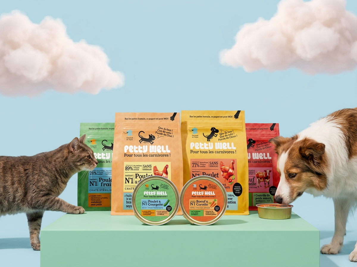 A cat and a dog look at a display of Petty Well brand pet food bags and cans.