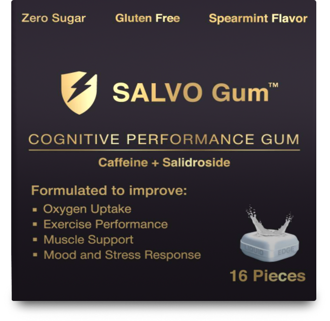 A package of Salvo Gum, a cognitive performance gum with caffeine and salidroside.