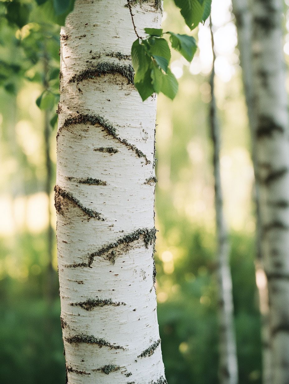 A close-up shot of a white birch tree trunk with green leaves in a sunlit forest.