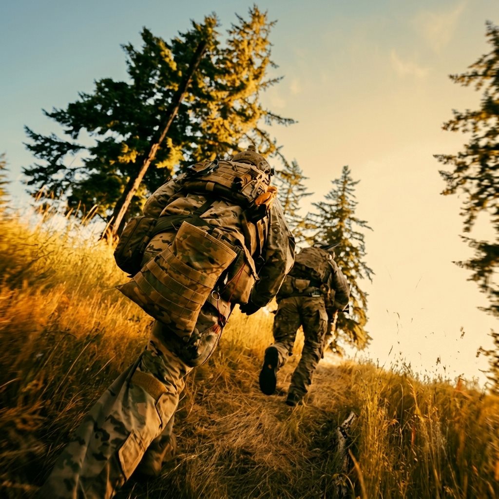 A low-angle shot of two soldiers in full gear walking up a grassy hill through a forest.