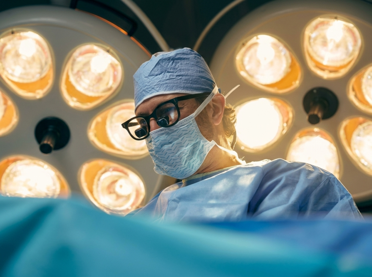 A surgeon in scrubs, mask, and loupes operates under bright lights in an operating room.