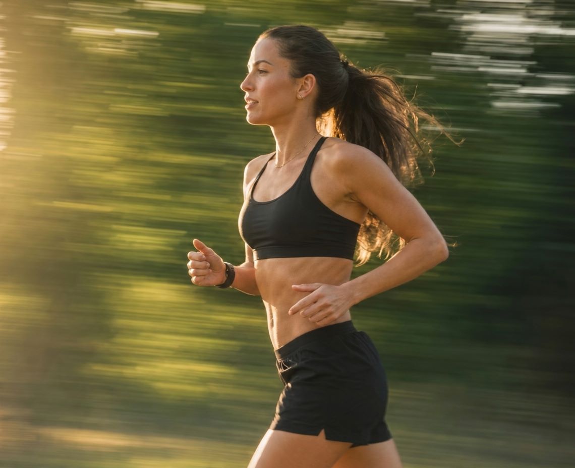 A woman in a black sports bra and shorts runs outdoors against a motion-blurred green background.