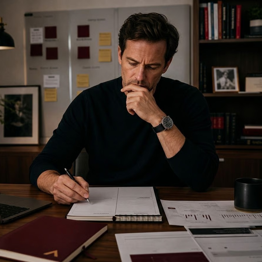 A man in a black shirt sits at a desk, thoughtfully writing in a notebook with a pen.