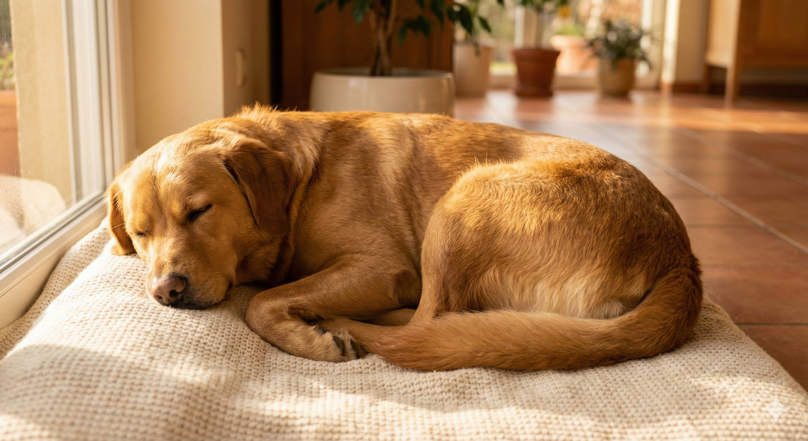A golden-colored dog sleeps curled up on a soft cushion in a patch of sunlight by a window.