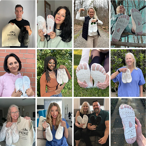 People holding and displaying white shoes in a collage of twelve images.