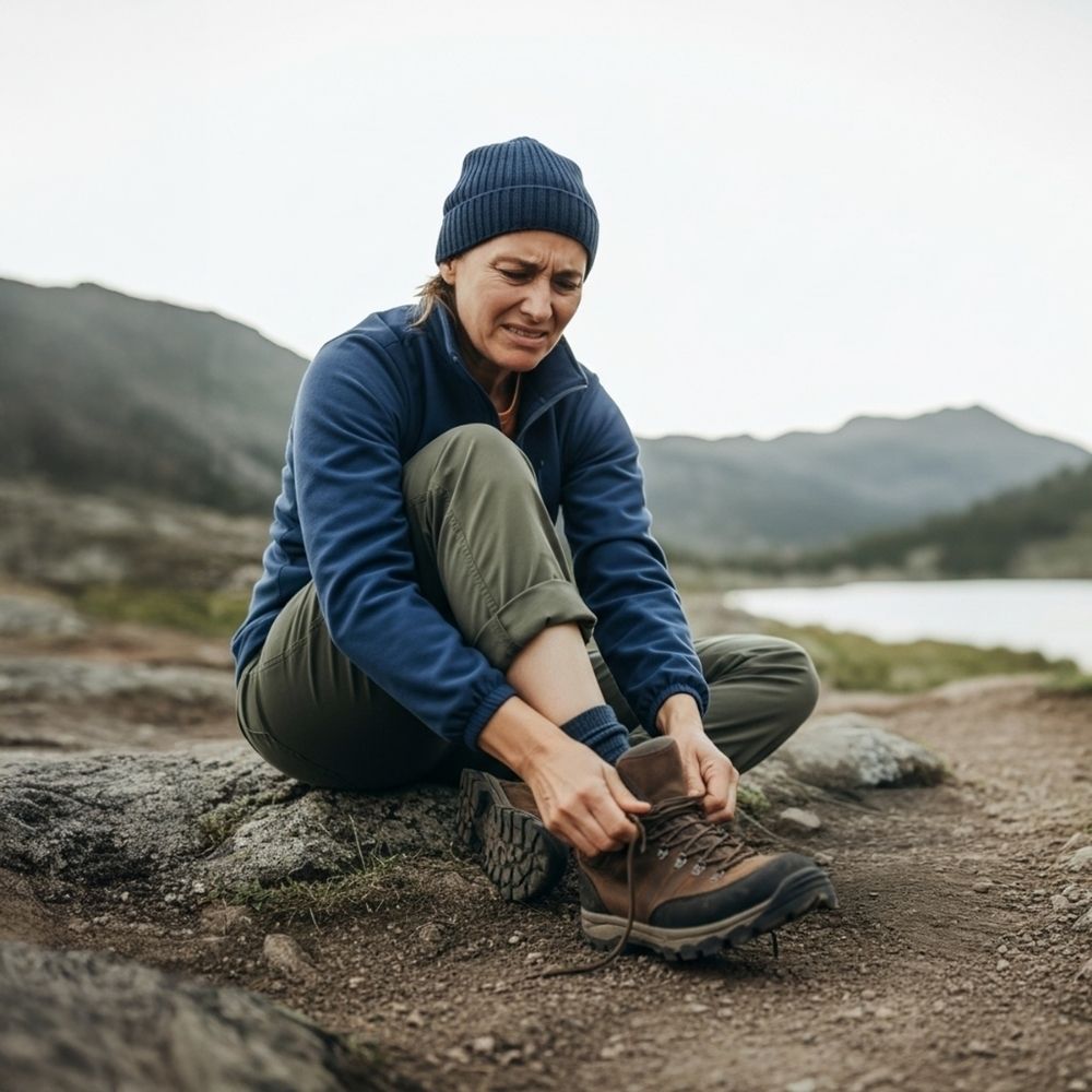 Person sitting outdoors tying hiking boot laces, with mountains in the background.