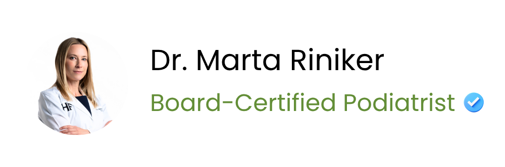 A person in a white coat with the text 'Dr. Marta Riniker, Board-Certified Podiatrist' and a check mark.