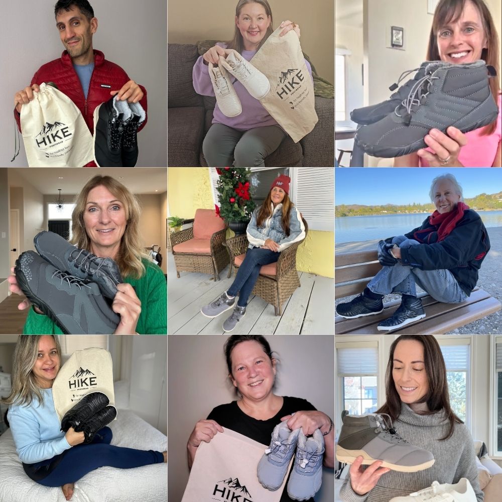 Nine people showcasing hiking shoes and branded bags in various settings.