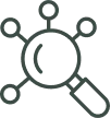 Magnifying glass with connected nodes, representing network or search. Icon style.