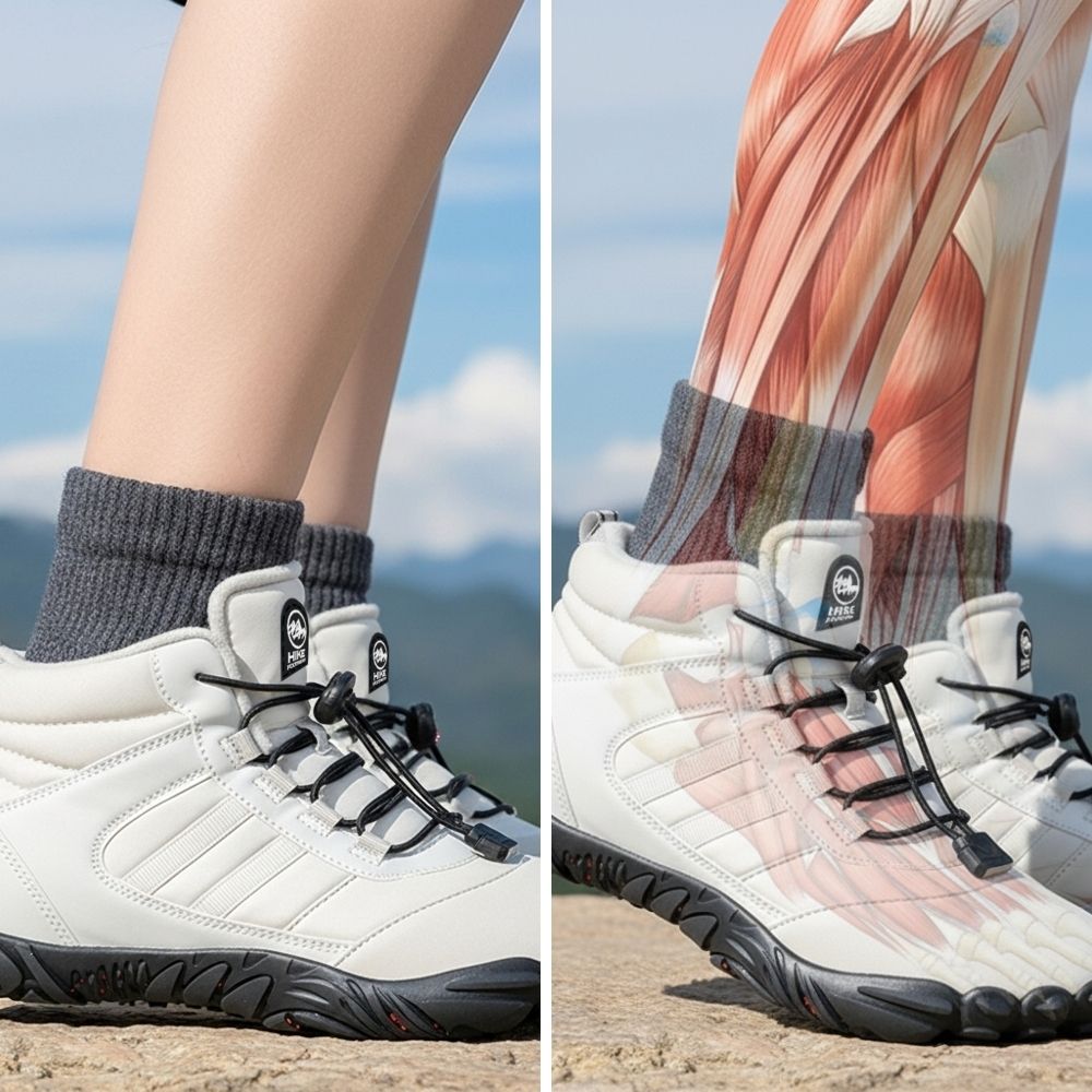 Shoes with a cutaway view showing muscles in the leg.