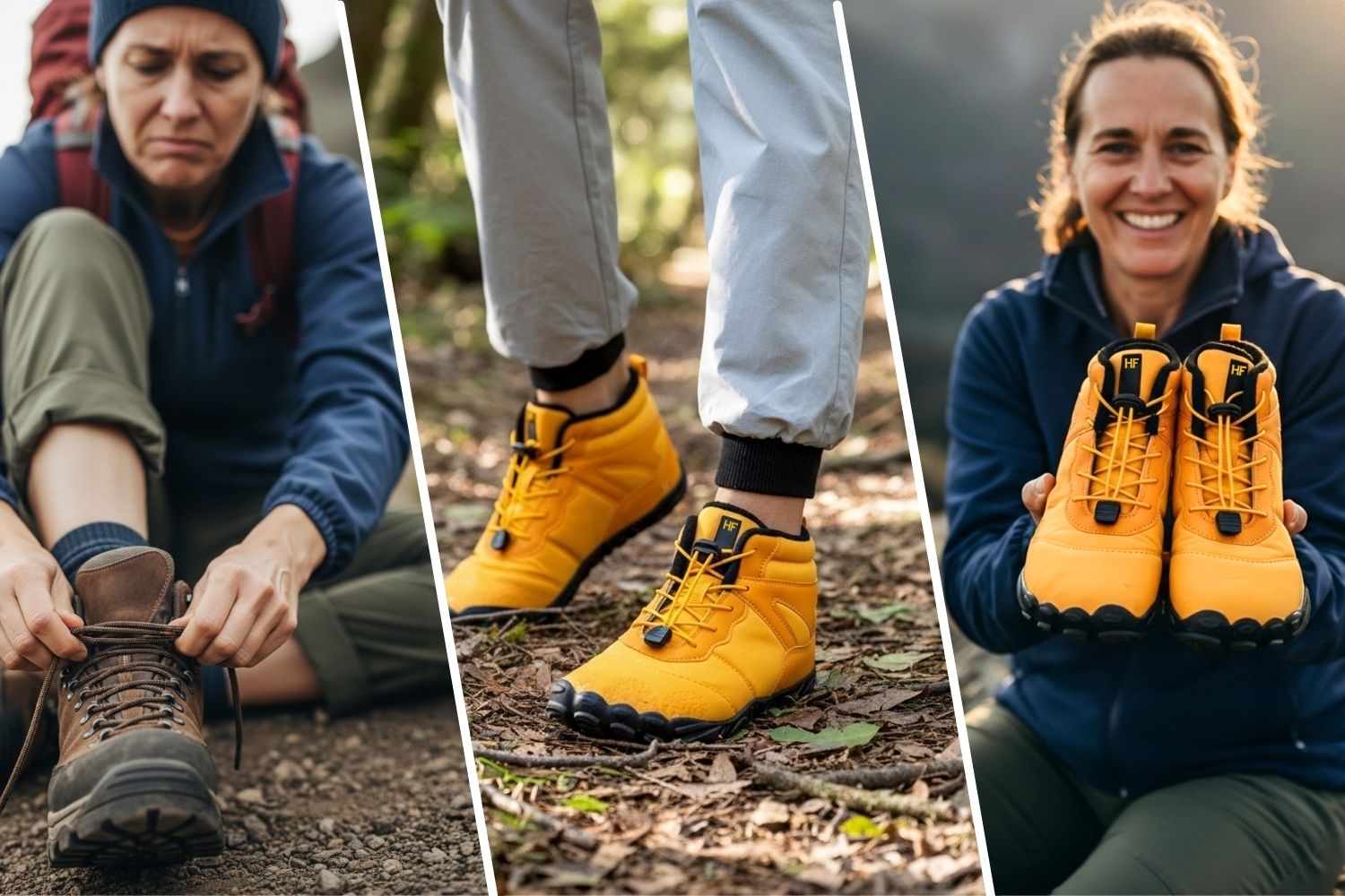 Collage of brown hiking boots and yellow shoes in an outdoor setting.