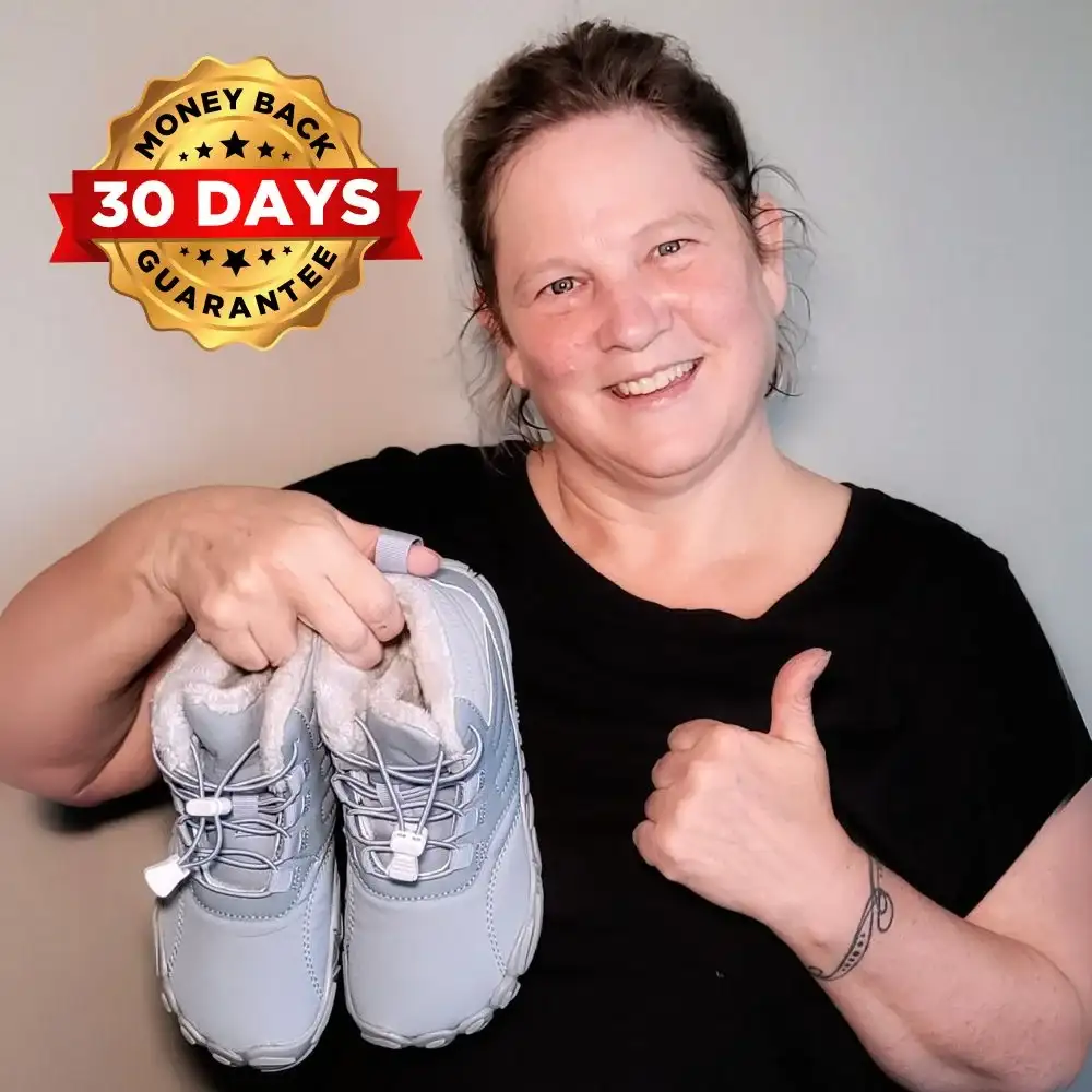 Person holding gray shoes with a 30-day money-back guarantee badge.