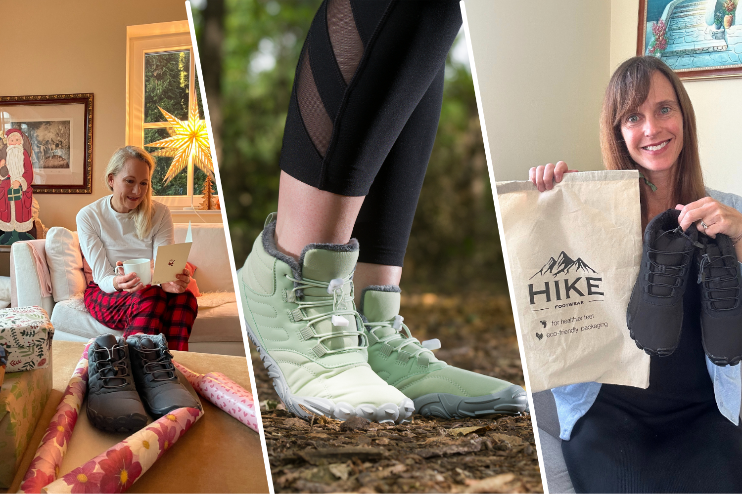 Collage: woman with gift, person wearing green boots, woman holding shoes and tote bag.